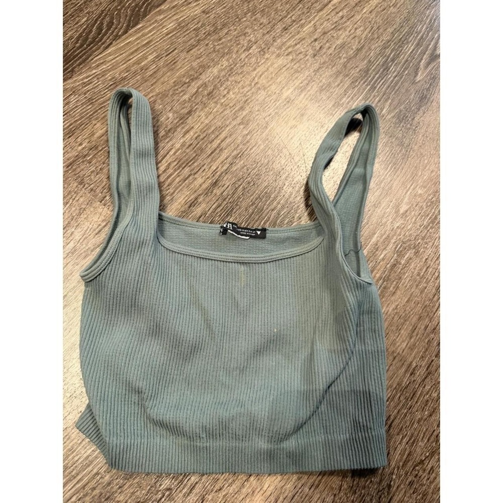 Zara Ribbed Seamless Crop Top Sage Green Square Neck XS S